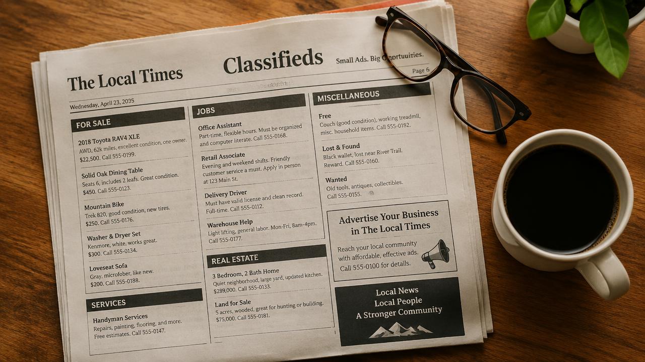 A community newspaper classifieds page on a wooden table