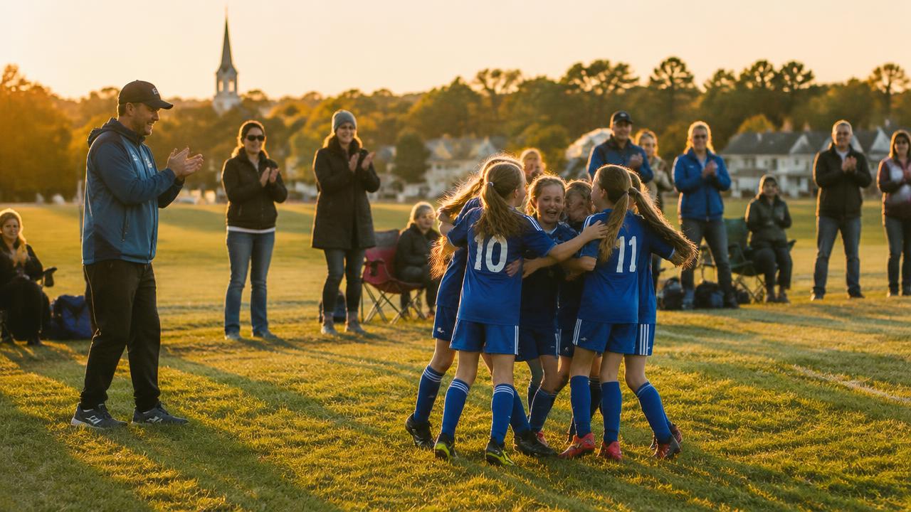 Youth soccer team celebrating on a town field at golden hour
